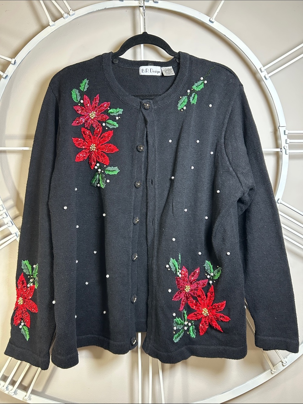 Vintage B.P. Design Beading Embroidered Poinsettia Christmas Cardigan Sweater